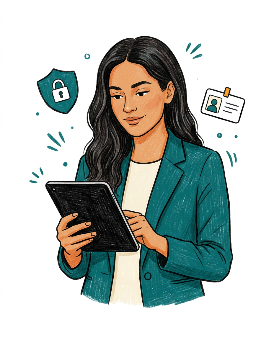 Ilustración de una profesional revisando información segura en una tableta